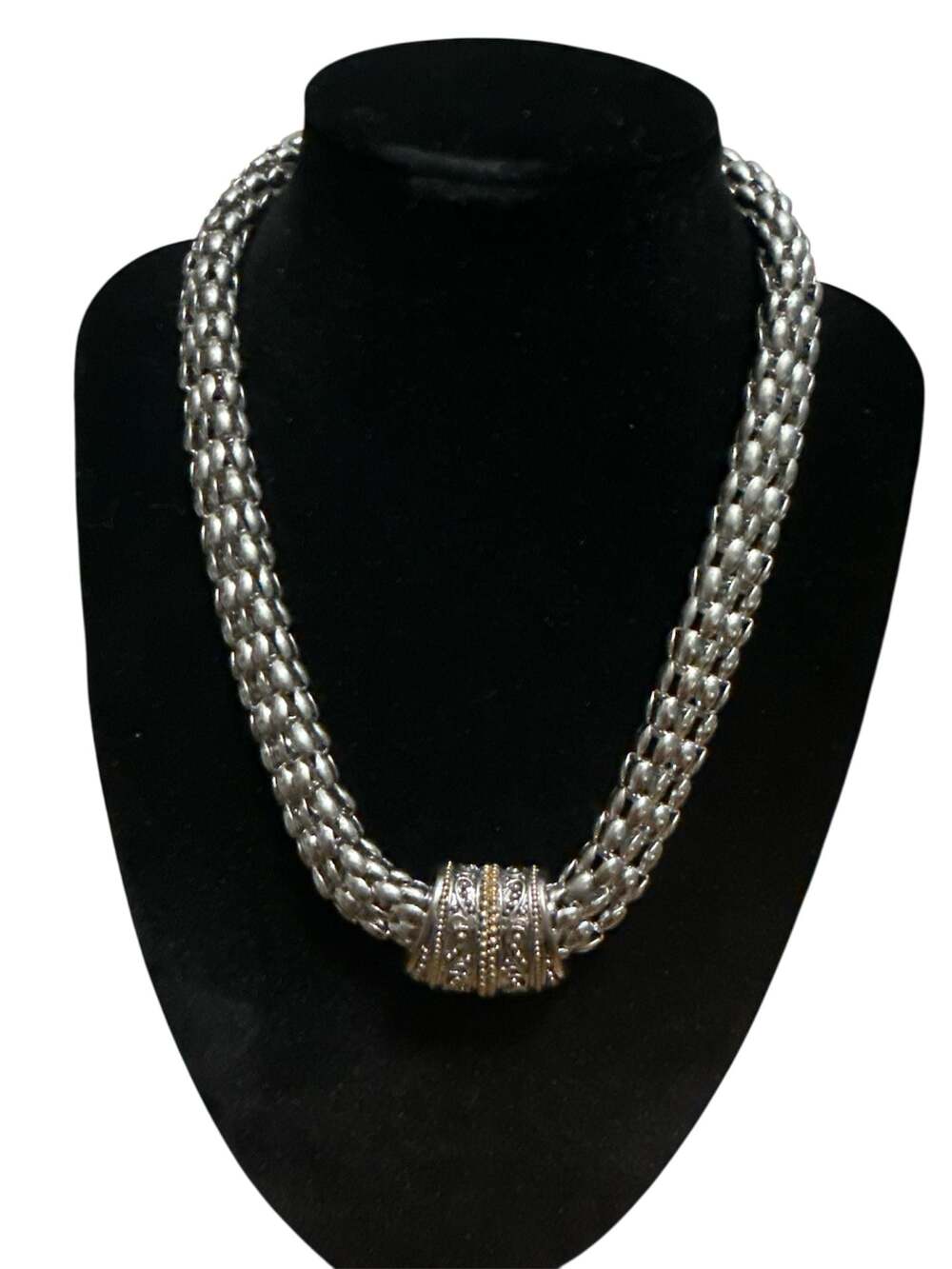 Vintage Two-Tone Silver and Gold Tone Woven Mesh Magnetic Clasp Necklace